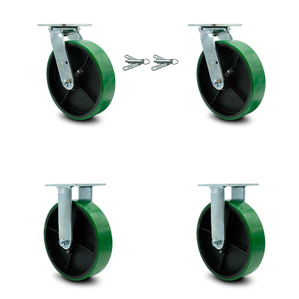 8 Inch Green Poly on Steel Caster Set with Roller Bearings 2 Swivel Lock 2 Rigid